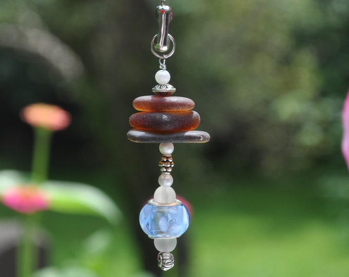 Decorative Light Pull, Genuine Sea Glass, Ceiling Fan Pull, Beach Lover Gift, Suncatcher, Frosty Brown Stack 625, Lamp Pull, Beaded Pull