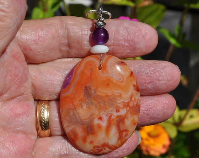Orange Onyx Agate Pendant Necklace, Large Swirling Beautiful Oval, Genuine Sea Glass Accent, Amethyst Gemstone Sterling Chain Included B91