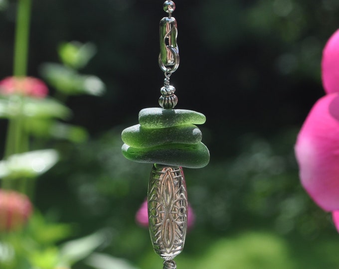 Decorative Fan Pull, Genuine Sea Glass, Ceiling Fan Pull, Light Pull, Suncatcher, Dark Green Stack 314, Lamp Pull, Beaded Pull, Unique Gifts