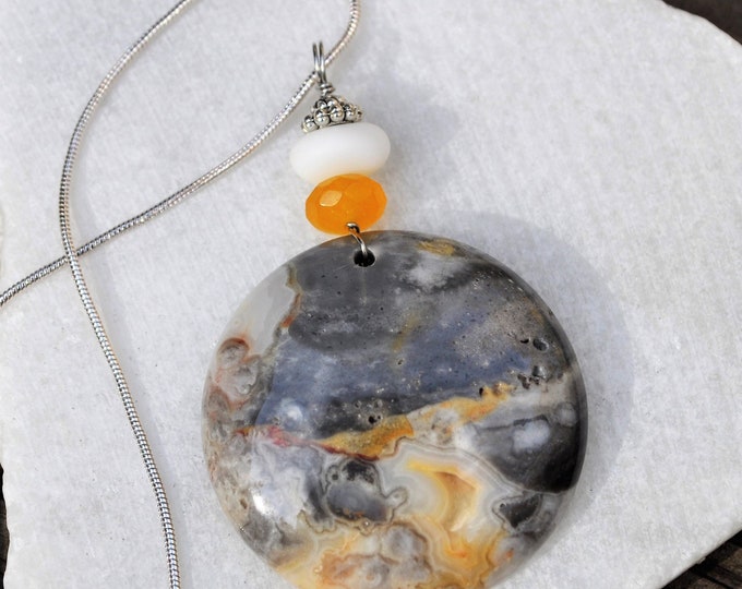 Lace Agate Necklace Pendant, Large Round, Genuine Sea Glass Accent, Faceted Yellow Topaz Gemstone, Sterling Chain Included B7