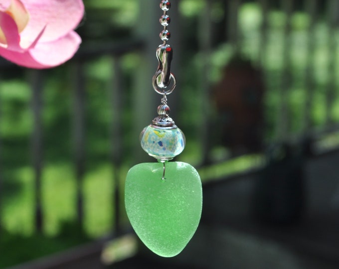 Lamp Chain Pull, Genuine Sea Glass, Ceiling Fan Pull, Light Pull, Suncatcher, Frosty Green Drop 441, Lamp Pull, Unique Gift, Beaded Pull