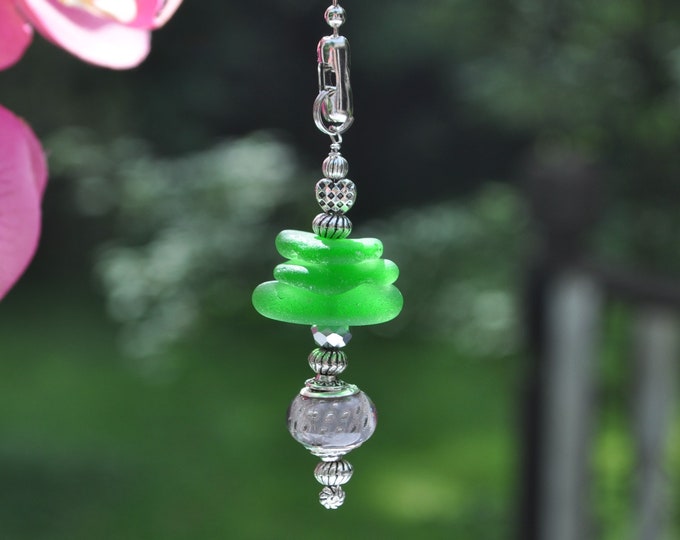 Beach Fan Pull, Genuine Sea Glass, Ceiling Fan Pull, Light Pull, Sun Catcher, Frosty Green Stack 466, Lamp Pull, Beaded Pull, Unique Gifts