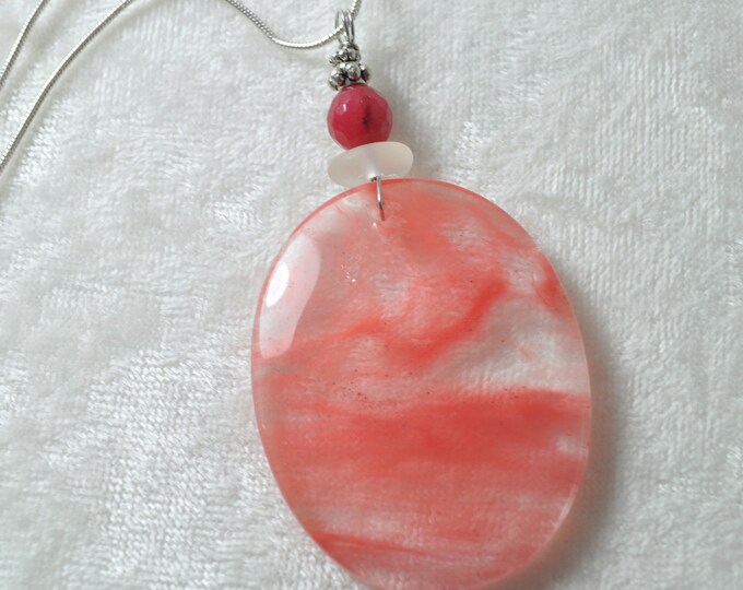 Cherry Quartz Necklace Pendant, Gorgeous and Large Pink Oval, Genuine Sea Glass Accent, Faceted Ruby Gemstone, Sterling Chain Included B300