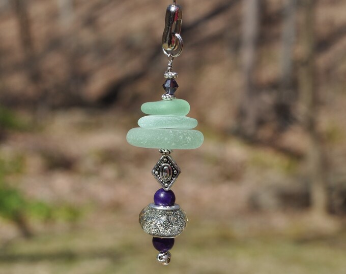 Ceiling Fan Pull, Genuine Sea Glass, Light Pull, Decorative Suncatcher, Frosty Seafoam Mix Stack 574, Beaded Pull, Unique Beach Fan Pull