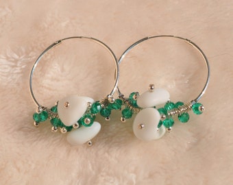 Sea Glass Jewelry Beach Earrings Milk White 30mm Hoops Sterling Swarovski Crystals Genuine Sea Glass Hoop Earrings Free Shipping 9007