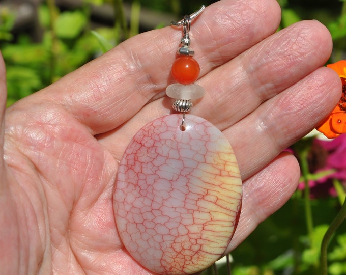 Stone Necklace, Dragon Veins, Fire Agate Pendant, Red Oval, Genuine Sea Glass Accent, Red Agate Gemstone, Sterling Chain Incl.  B146