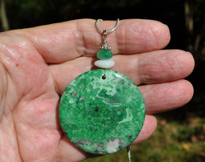 Sea Sediment Jasper Necklace Pendant, Large Natural Green, Genuine Sea Glass Accent, Faceted Emerald Gemstone, Sterling Chain Included B366