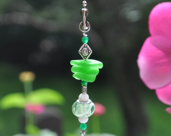 Glass Lighting Pull, Genuine Sea Glass, Ceiling Fan Pull, Light Pull, Suncatcher, Frosty Green Stack 408, Lamp Pull, Beaded Pull, Beach Gift