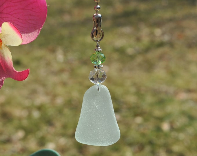 Decorative Fan Pull, Genuine Sea Glass, Ceiling Light Pull, Sun Catcher, Frosty Seafoam Drop 548, Lamp Pull, Beaded Pull, Unique Beach Gifts