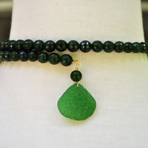 One Size Fits Wrap Around Necklace Faceted Deep Emerald Gemstone Necklace with Genuine Green Sea Glass 14k Gold Filled Free Shipping 2740