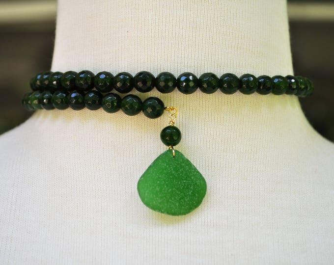 One Size Fits Wrap Around Necklace Faceted Deep Emerald Gemstone Necklace with Genuine Green Sea Glass 14k Gold Filled Free Shipping 2740