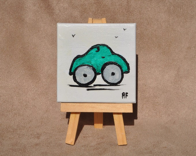 Vintage Car Painting, Whimsical Car Collection, Miniature Canvas with Easel, Mini Car Art,  Green Car Original Acrylic, Auto from Past
