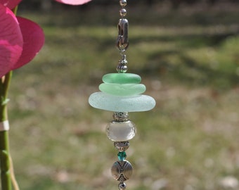 Ceiling Fan Pull, Genuine Sea Glass, Light Pull, Decorative Suncatcher, Frosty Seafoam Mix Stack 572, Beaded Pull, Unique Beach Lover Gifts