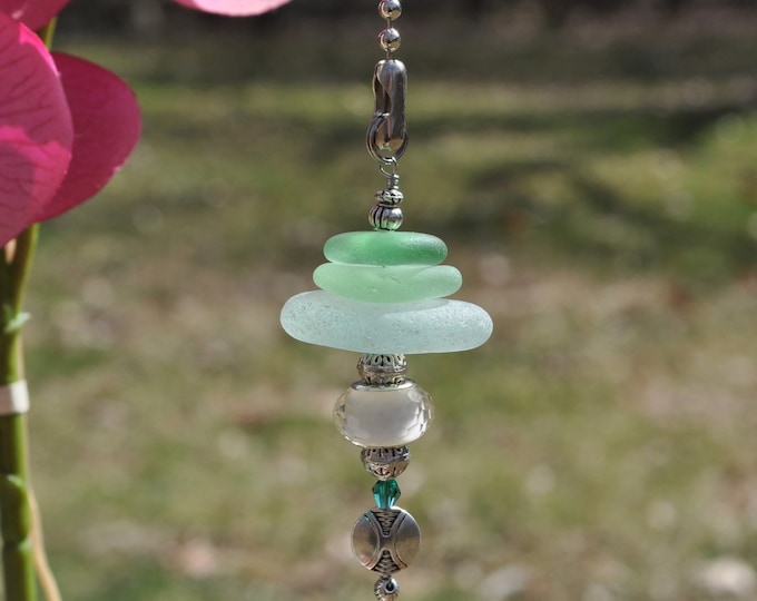 Ceiling Fan Pull, Genuine Sea Glass, Light Pull, Decorative Suncatcher, Frosty Seafoam Mix Stack 572, Beaded Pull, Unique Beach Lover Gifts