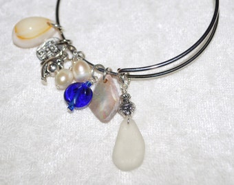 Adjustable Expandable Sea Glass Jewelry Beach Bangle Wire Charm Bracelet White 1176