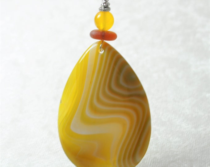 Rock Pendant, Onyx Agate Necklace, Large Yellow Striped Stone, Genuine Sea Glass Accent, Yellow Jade Gemstone, Sterling Chain Included B183