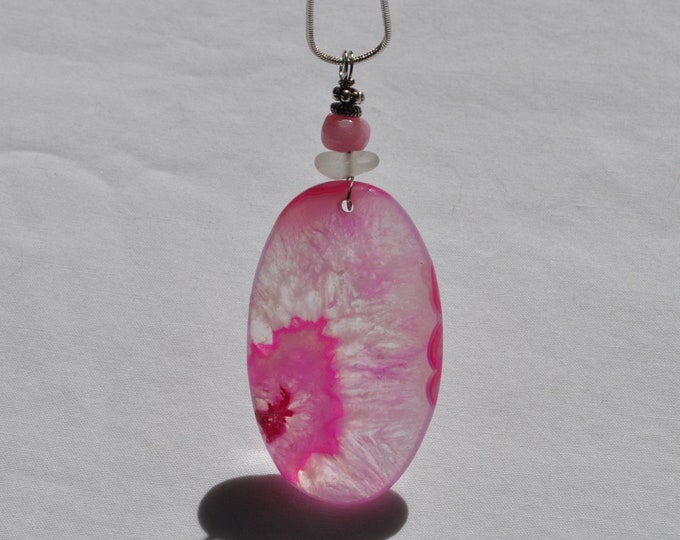 Stone Necklace, Geode Agate Pendant, Large Pink/White Oval Rock, Genuine Sea Glass Accent, Pink Jade Gemstone, Sterling Chain Included  B152