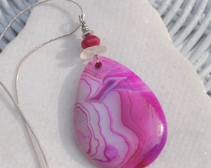 Onyx Agate Necklace Pendant, Large Lovely Pink, Genuine Sea Glass Accent, Faceted Fuschia Jade Gemstone, Sterling Chain Included B254