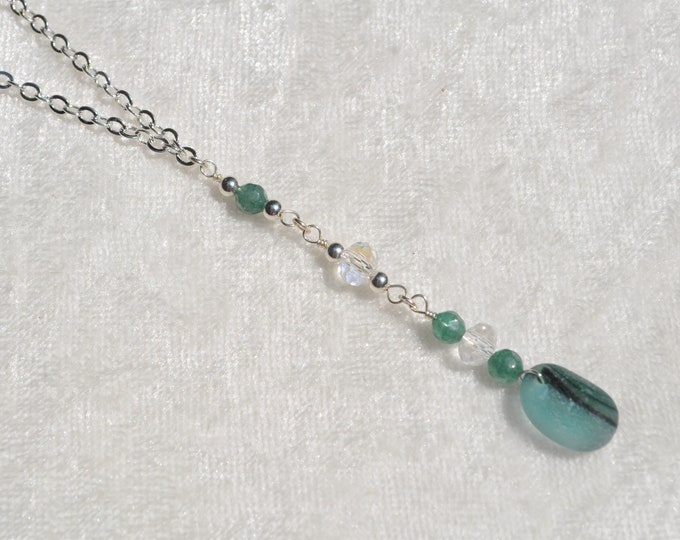 Genuine Sea Glass Jewelry Beach Necklace Shorty Drop w/ Crystals Sterling Silver Beads Sterling Chain Aquamarine Gemstones Free Ship 4877