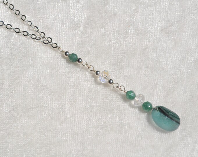 Genuine Sea Glass Jewelry Beach Necklace Shorty Drop w/ Crystals Sterling Silver Beads Sterling Chain Aquamarine Gemstones Free Ship 4877