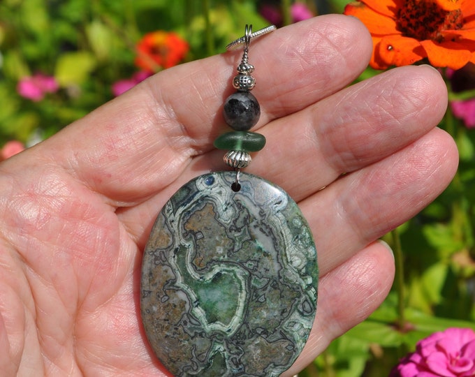 Lace Agate Pendant Necklace, Large Green and Gray Oval Stone, Genuine Sea Glass Accent, Labradorite Gemstone, Sterling Chain Included B175