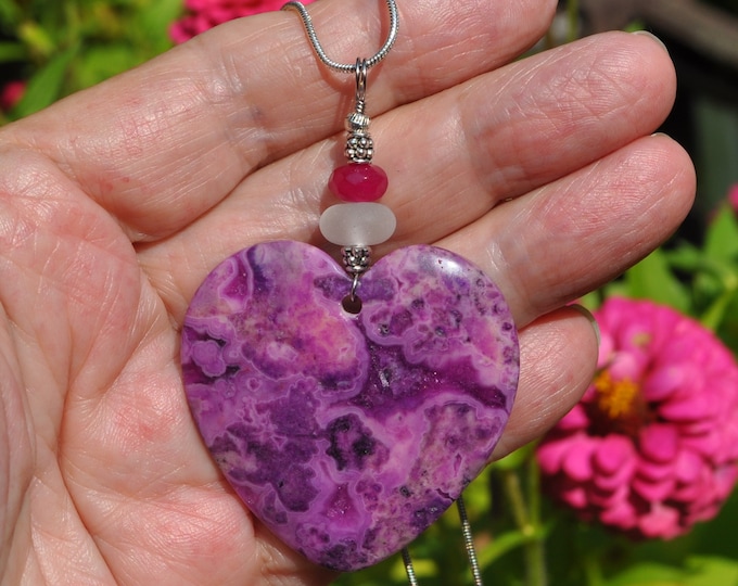 Lace Agate Necklace Pendant, Large Purple Heart, Genuine Sea Glass Accent, Faceted Fuschia Jade Gemstone, Sterling Chain Included B260