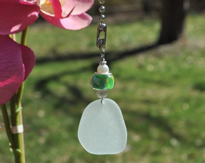 Decorative Fan Pull, Genuine Sea Glass, Ceiling Light Pull, Sun Catcher, Frosty Light Seafoam Drop 587, Lamp Pull, Beaded Pull, Coastal Gift