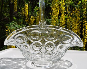 Clear Dotted Bridal Basket Clear Glass with Solid Handle & Dots Wine Flower Girl 9.5x11x5 Vintage Free Ship