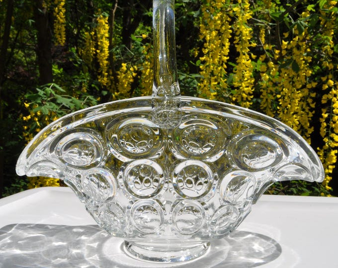 Clear Dotted Bridal Basket Clear Glass with Solid Handle & Dots Wine Flower Girl 9.5x11x5 Vintage Free Ship