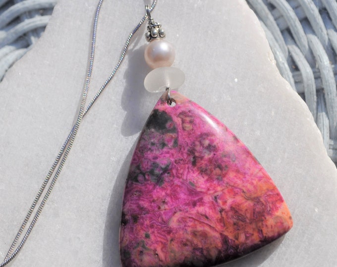 Stone Pendant, Lace Agate Necklace, Large Pink Triangular Rock Stone, Genuine Sea Glass Accent, Pearl Bead, Sterling Chain Included B255