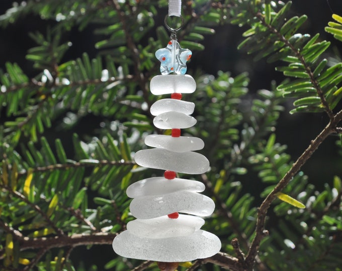 Sea Glass Christmas Tree Ornament, Delightful Stocking Stuffer, Unique Gift, Holiday Package Decor, Genuine White with Light Blue Star
