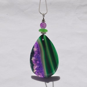 Stone Necklace, Geode Agate Pendant, Large Purple & Green Rock Drop, Genuine Sea Glass Accent, Agate Gemstone, Sterling Chain Included  B96