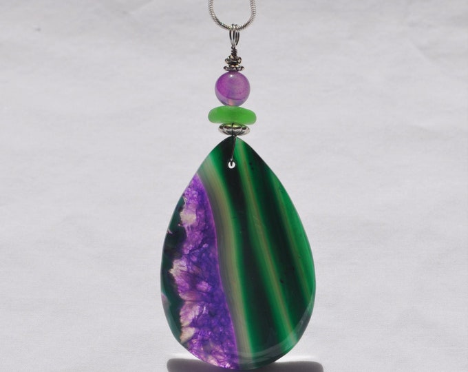 Stone Necklace, Geode Agate Pendant, Large Purple & Green Rock Drop, Genuine Sea Glass Accent, Agate Gemstone, Sterling Chain Included  B96