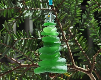 Sea Glass Christmas Tree Ornament, Delightful Stocking Stuffer, Unique Gift, Holiday Package Decor, Genuine Green with Flowered Star