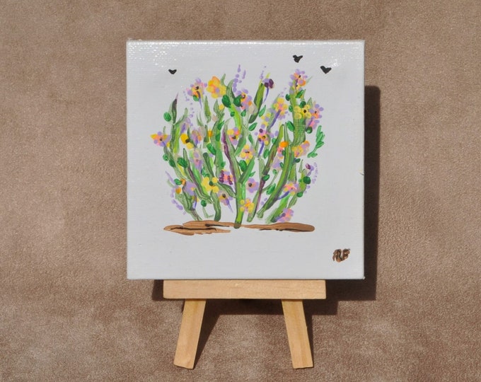 Forever Bouquets Garden Happiness Miniature Painting with Easel Mini Canvas Fine Art Ornamental Table Accent Original Acrylic Painting