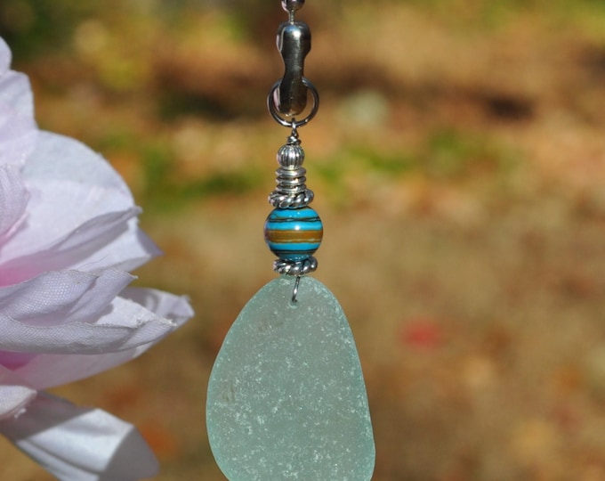 Decorative Fan Pull, Genuine Light Blue Sea Glass, Ceiling Light Pull, Sun Catcher, Frosty Drop 821, Lamp Pull, Beaded Pull, Beach Fan Pull