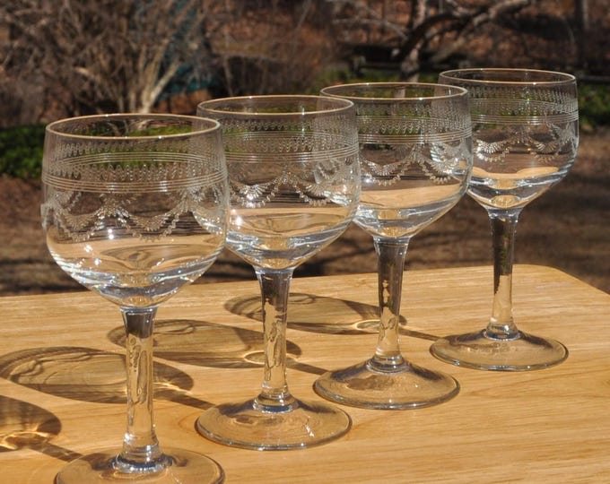 Needle Etched Crystal Cordial Glasses Set/4 Antique Art Nouveau 4" Tall Shrimp Cocktail Free Ship