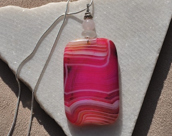 Rock Pendant, Onyx Agate Necklace, Large Striped Pink Stone, Genuine Sea Glass Accent, Pink Jade Gemstone, Sterling Chain Included B158