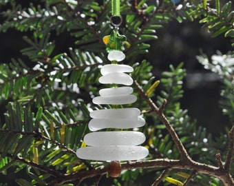 Sea Glass Christmas Tree Ornament, Delightful Stocking Stuffer, Unique Gift, Holiday Package Decor, Genuine White and Lime Green Star
