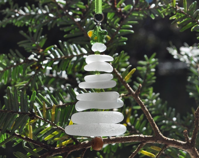 Sea Glass Christmas Tree Ornament, Delightful Stocking Stuffer, Unique Gift, Holiday Package Decor, Genuine White and Lime Green Star