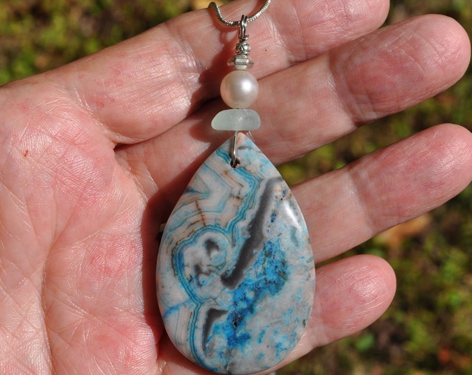 Stone Pendant, Lace Agate Necklace, Large Brown and Blue Waterdrop Rock, Genuine Sea Glass Accent, Pearl Bead, Sterling Chain Included B280