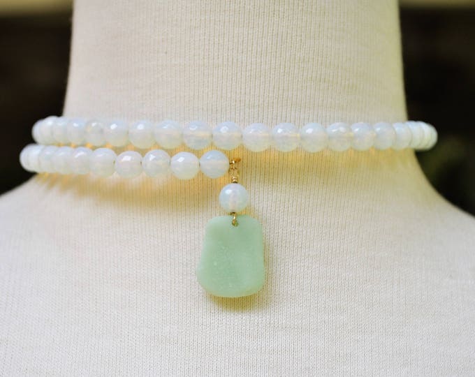 One Size Fits Wrap Around Necklace Faceted Opalite Gemstone Necklace with Genuine Jadeite Sea Glass 14k Gold Filled Free Shipping 1400