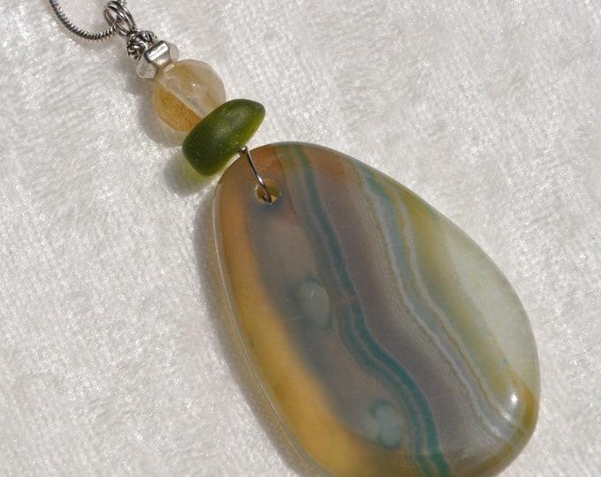 Rock Pendant, Striped Onyx Agate Necklace, Olive Drop, Genuine Sea Glass Accent, Tourmaline Faceted Gemstone; Sterling Chain Included B373