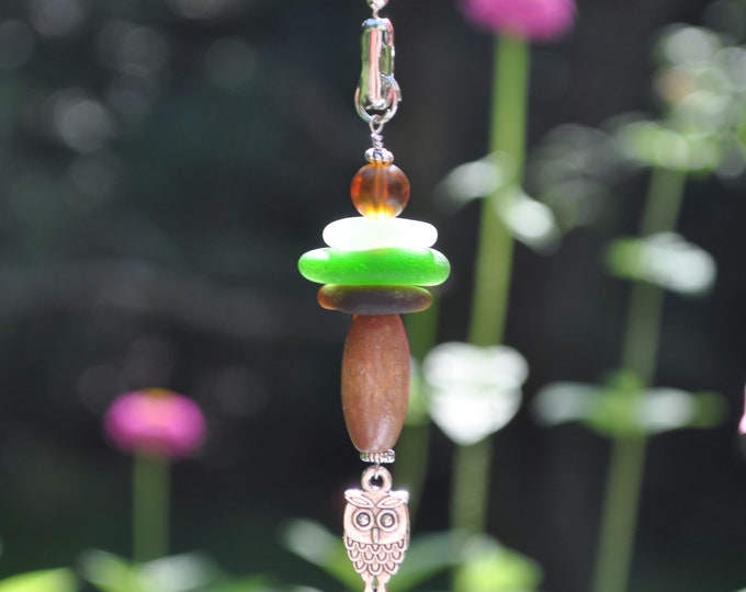 Decorative Lighting Pull, Genuine Sea Glass, Ceiling Fan Pull, Light Pull, Sun Catcher, Frosty Mixed Stack 308, Owl, Lamp Pull, Beaded Pull