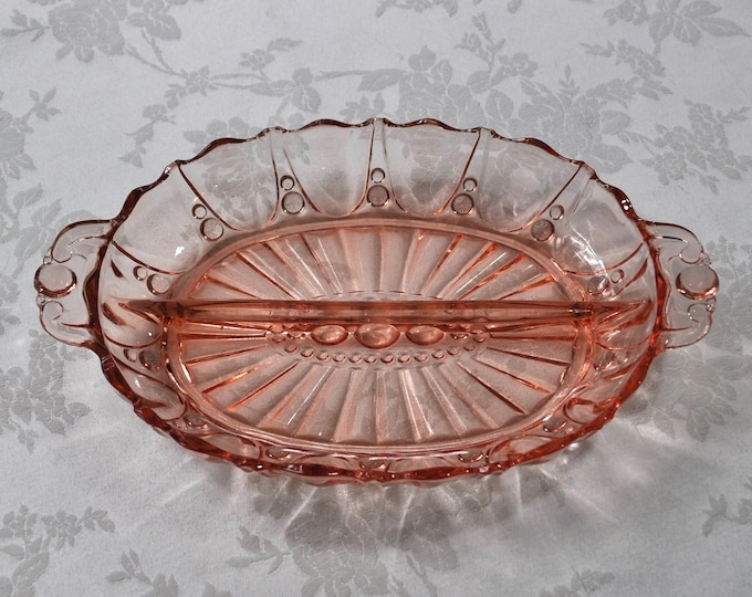Vintage Divided Oval Pink Depression Serving Dish Oyster & Pearl 12"x7.75" Free Ship