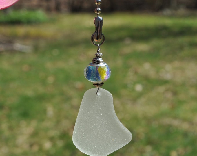 Genuine Sea Glass, Ceiling Fan, Light Pull. Suncatcher (slight hint of green) Frosty White Drop 701, Decorative Lamp Pull, Ocean Gifts