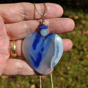 Rock Pendant, Onyx Agate Necklace, Large Striped Heart, Genuine Sea Glass Accent, Faceted Aquamarine Gemstone, Sterling Chain Incl. B262