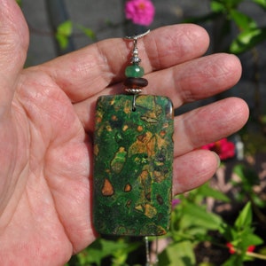 Patterned Necklace Pendant, Rectangular Choi Finches, Genuine Sea Glass Accent, Faceted Green Jade Gemstone Bead, Sterling Chain Incl. B233