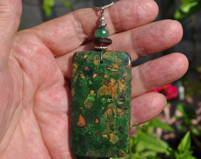 Patterned Necklace Pendant, Rectangular Choi Finches, Genuine Sea Glass Accent, Faceted Green Jade Gemstone Bead, Sterling Chain Incl. B233