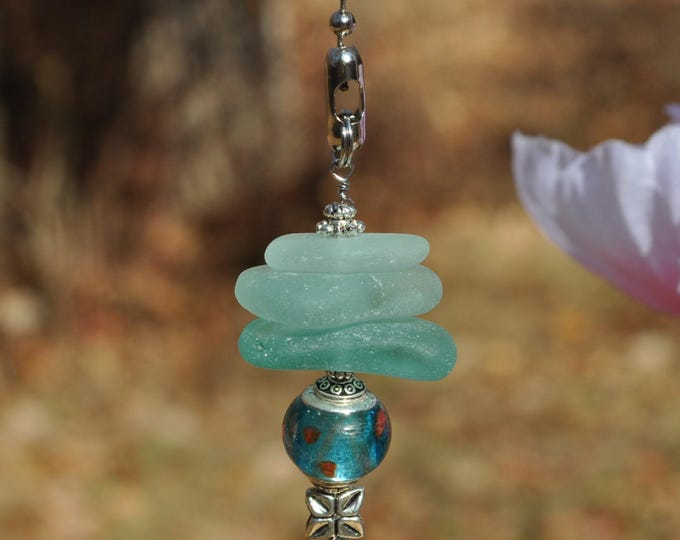 Ceiling Fan Pulls, Genuine Sea Glass, Light Pulls, Decorative Suncatcher, Frosty Blue Varied Mix Stack 806, Beaded Pull Unique Sun Catcher